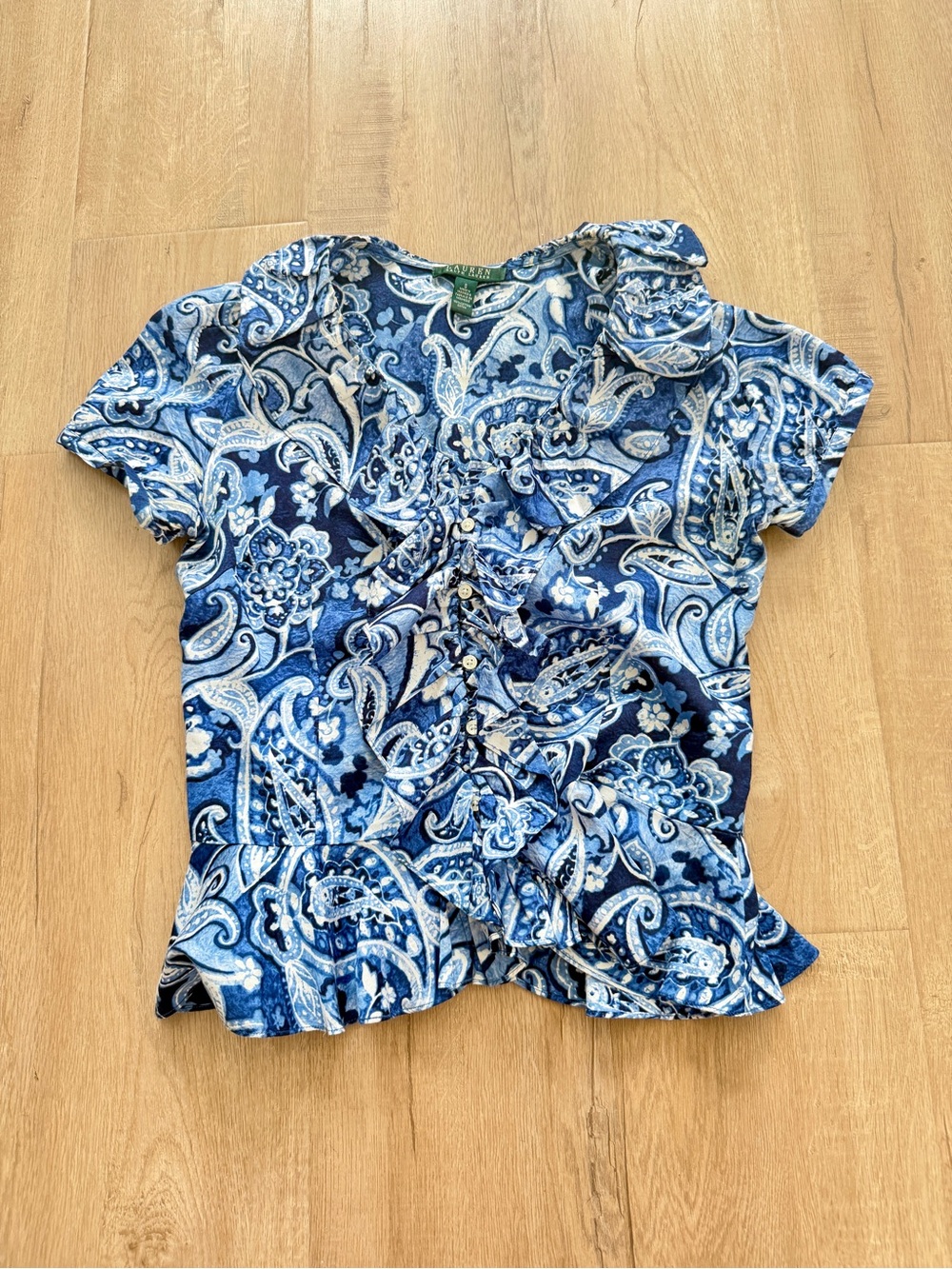 Lauren Ralph‎ Lauren Blue Paisley Ruffle Front Button Down Blouse Top Shirt S